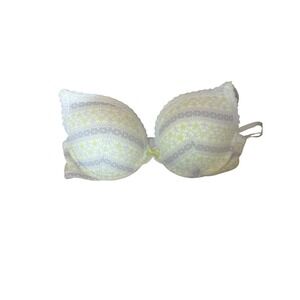 Victorias Secret Plunge Bra 38C Yellow Grey Geometric Lace Trim Underwire Bow